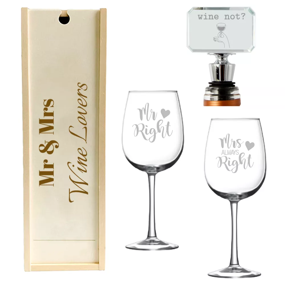 Wine Lovers Set - Wine Box, 2 Wine Glasses & Wine Stopper