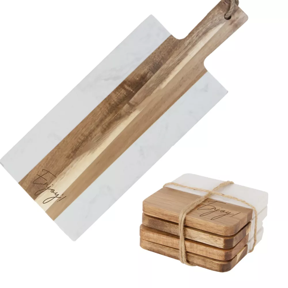 Marble Serving Board and 4 Coasters Set - "Enjoy!"